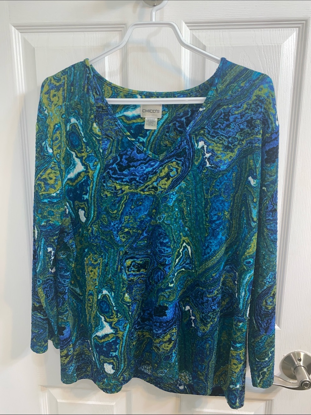 Chico’s Marbled Ocean Swirl Peacock Mermaid V Neck Top Shirt Women’s Size XL